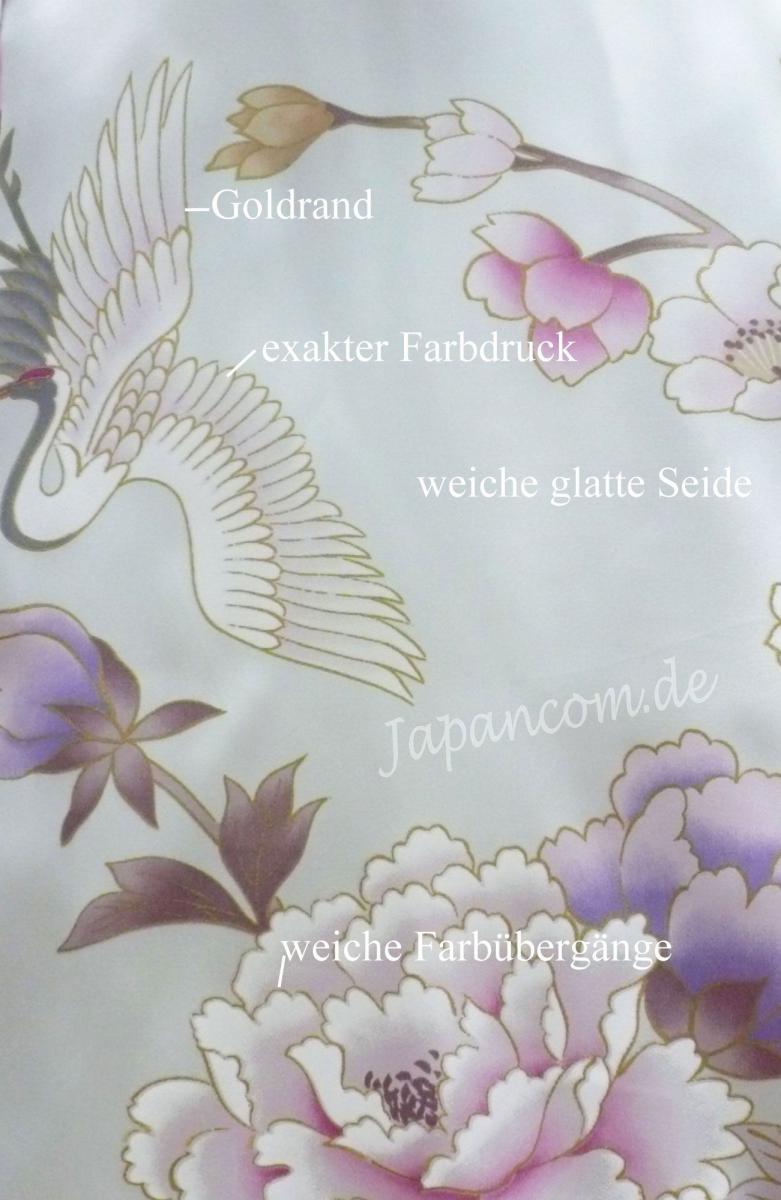 Kimono Royal Cranes weiss, kurz, Seide, Morgenmantel